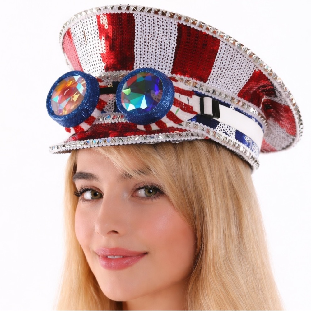 Nu Shuz Costumes Patriotic Red, White, Blue Sequin Captain Hat w/Goggles